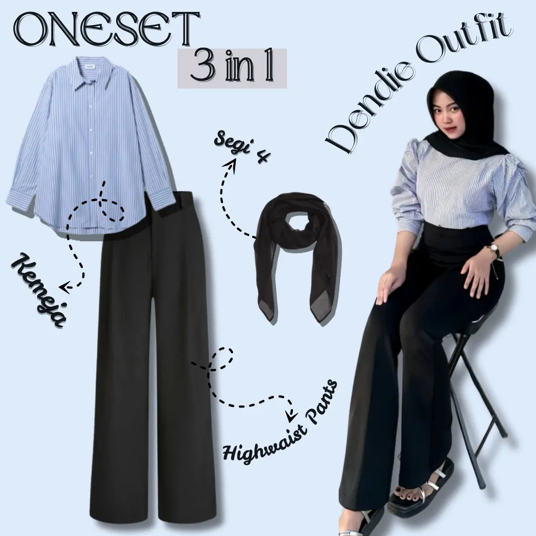 Oneset Kekinian Oneset 3in1 Kece Dendie Outfit(Kemeja Salur+Jennie knit+Hijab)017