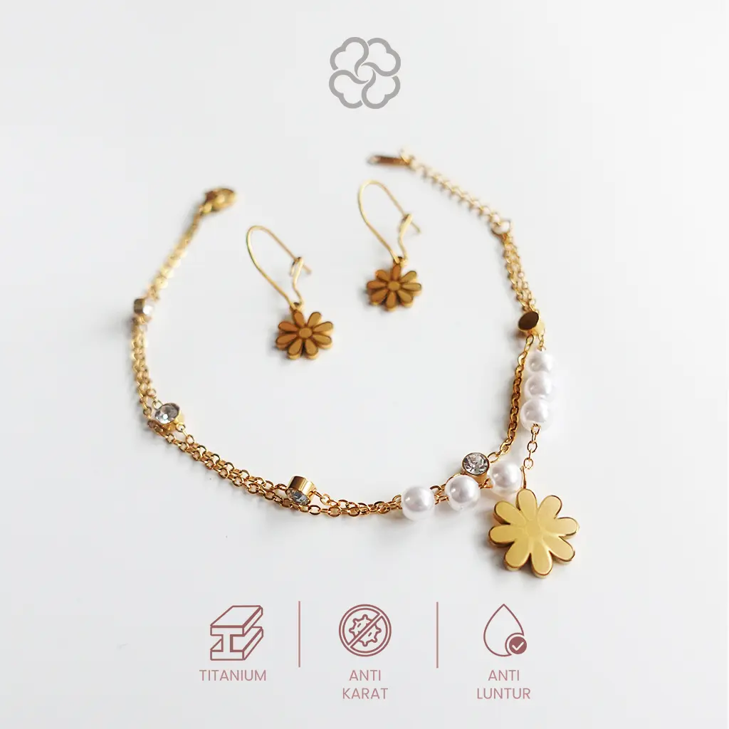 Lil - Set Gelang Anting Daisy | Gelang Layer - Anting Drop Stainless Anti Karat Lil - Gelang Peony | Gelang Layer Stainless Anti Karat