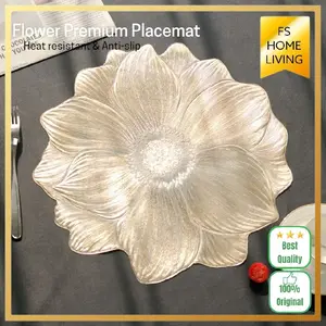 Alas Piring Makan Bulat Bunga PVC Placemat Tatakan Piring Anti Slip Tahan Minyak dan Air - Gold Silver