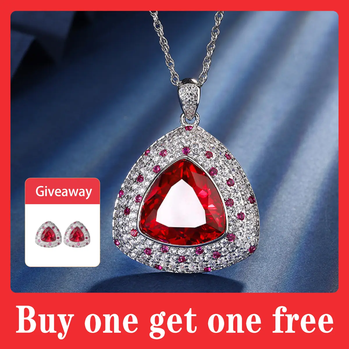Lux Co.Elegant red sapphire fat triangle necklace, earrings and ring set.