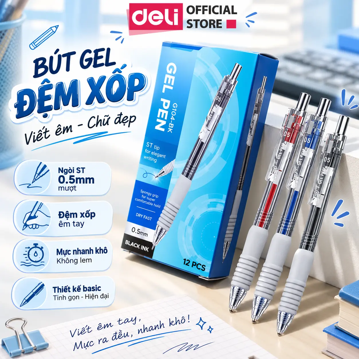 [KHÔ NHANH 1S] Bút gel đệm xốp ngòi ST 0.5mm EG104 Deli - 3 màu: Xanh/ Đen/ Đỏ - Đệm tay xốp siêu êm ái, mực gel nhanh khô để ghi bài, viết chữ Hán, takenote, bút kí