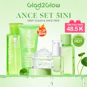 【Bpom】Glad2Glow Gel Cleanser Bundle all in 1- 2/3/4/5 PCS Skincare Paket-Gel cleanser+Moisturizer+Serum Ceramide Kering Membersihkan Wajah Acid Cooling Kotoran Mencerahkan Vitamin Berjerawat Niacinamide deep ance set