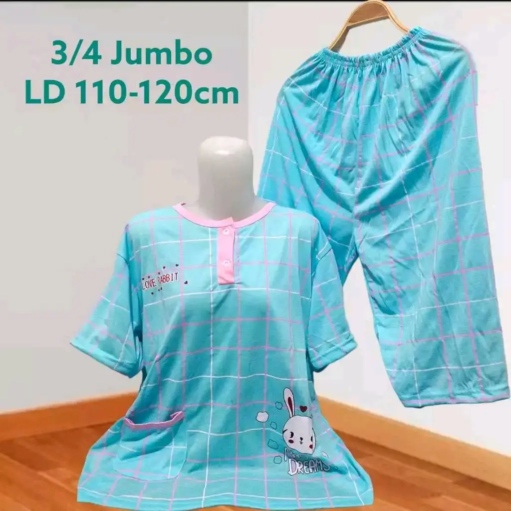 Setelan Baju Tidur Kaos Celana 3/4 Jumbo Bigsize Babydoll Wanita LD 110-120Cm