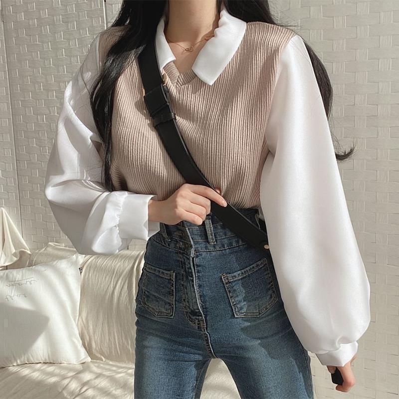 Uniqueestore BJ1567 Baju Atasan Lengan Panjang Kemeja Rajut Blouse Rib Knitwear Wanita Korean Vintage Style Top Casual Cewek Dewasa knit Basic 4