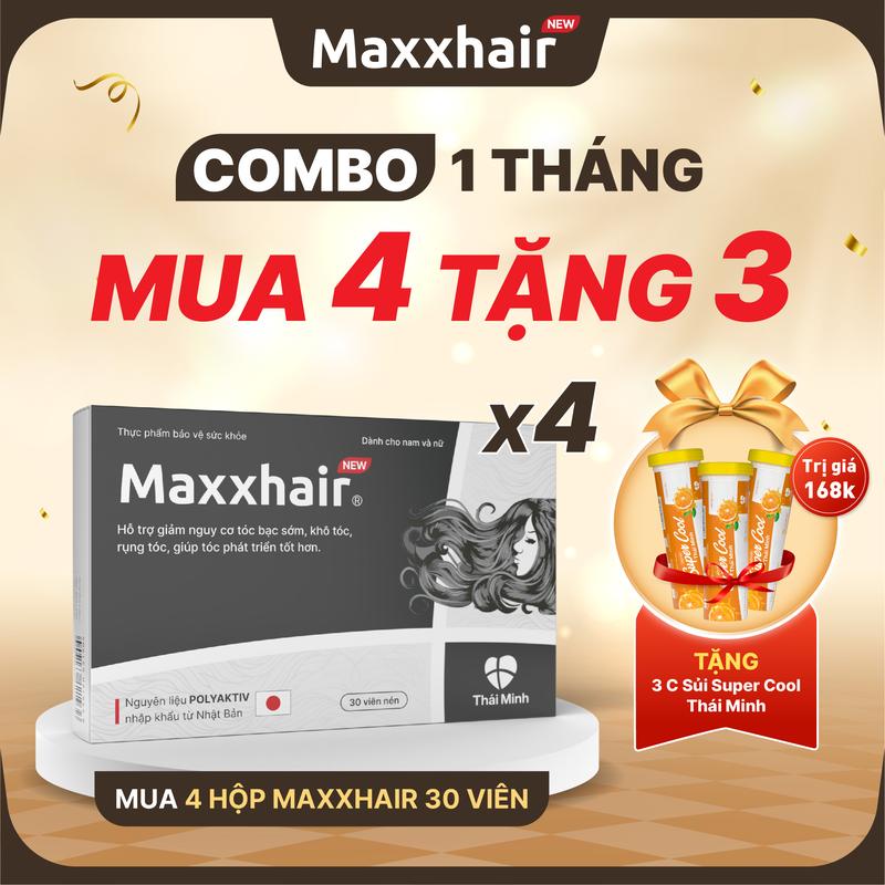 [COMBO 1 THÁNG VIÊN UỐNG] Mua 4 hộp viên uống MAXXHAIR - TẶNG 3 C sủi thanh nhiệt - Sản phẩm dành cho người bị rụng tóc nhiều và hỗ trợ giúp tóc chắc khoẻ - Hộp 30 viên