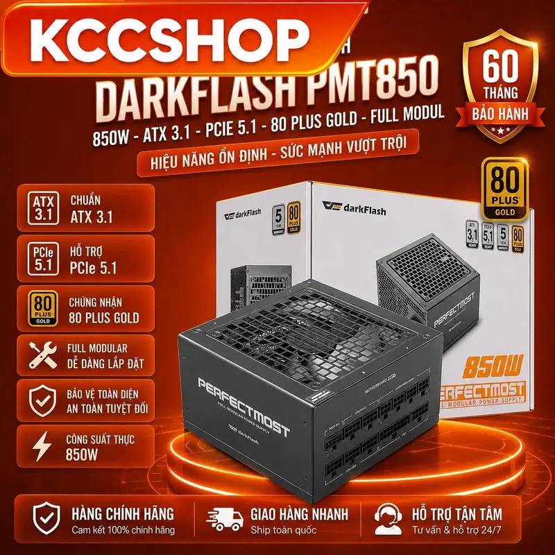 Nguồn Máy Tính Darkflash PMT850 - 850w (ATX 3.1 - PCIe 5.1 80 Plus Gold - Full Modul) chính hãnġ, bền bỉ 5 năm