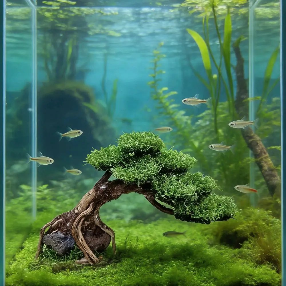Pohon Bonsai Miring Mini Hiasan Aquarium Rumput Sintetis Ukuran P 16cm T 10cm untuk Dekorasi Aquarium