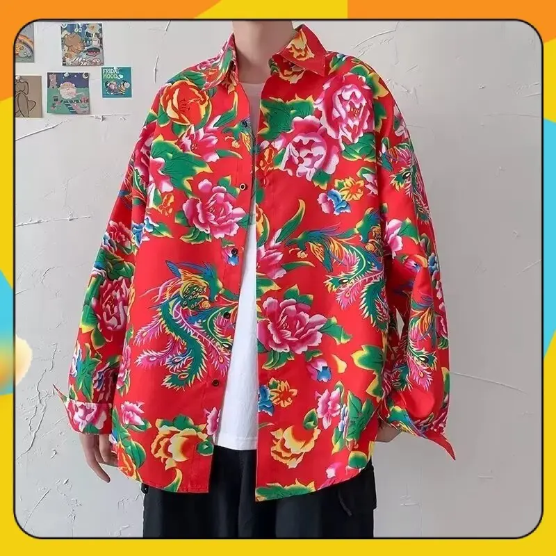 Men's and Women's Neutral Chinese Style Northeast Big Flower Short-Sleeved Shirt Shirt Coat Ethnic Style Ancient Chinese Clothing Team Uniform