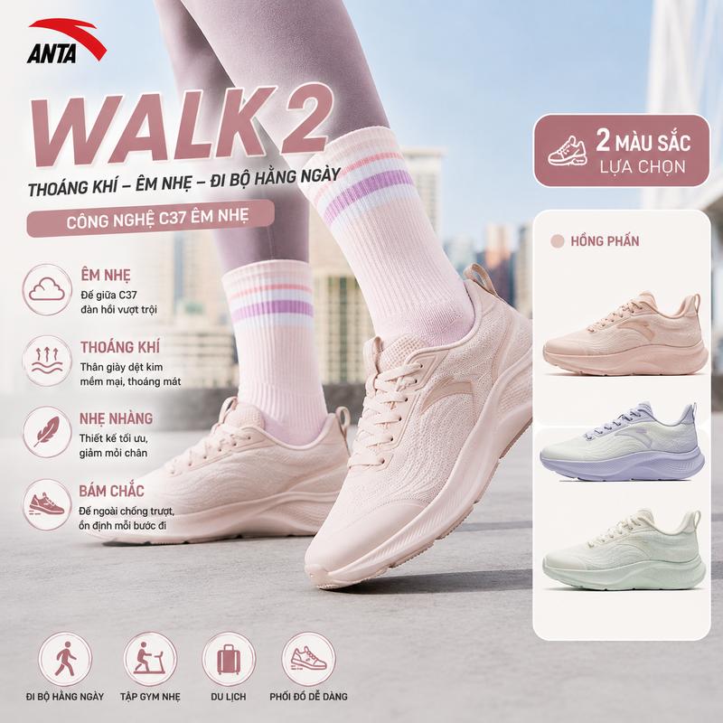 [ĐỘC QUYỀN ONLINE] Giày Chạy Bộ Nghiệp Dư Nữ ANTA Walk 2 922535503| Giày Running Thể Thao 5-10 km Siêu Nhẹ ‍,Thoáng Khí , Đế Cao Su Đàn Hồi, Êm Ái Hạn Chế Trơn Trượt Bảo Hành Chính Hãng ANTA Sport