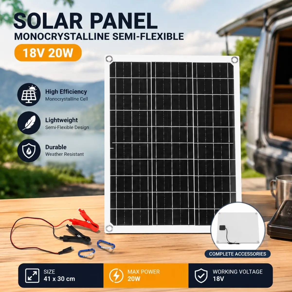 Panel Surya Monocrystalline Semi-Fleksibel 18V 20W Efisiensi Tinggi Tahan Air untuk Pengisian Daya Baterai Outdoor Camping Kendaraan Kapal Tenda Rumah Tangga Sumber Energi Terbarukan Portabel