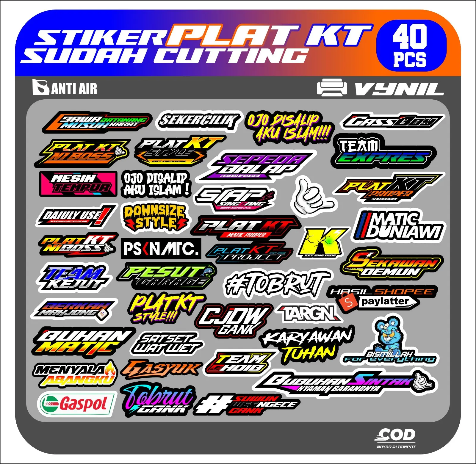 stiker racing plat KT isi 40pcs waterproof tinggal tempel Car