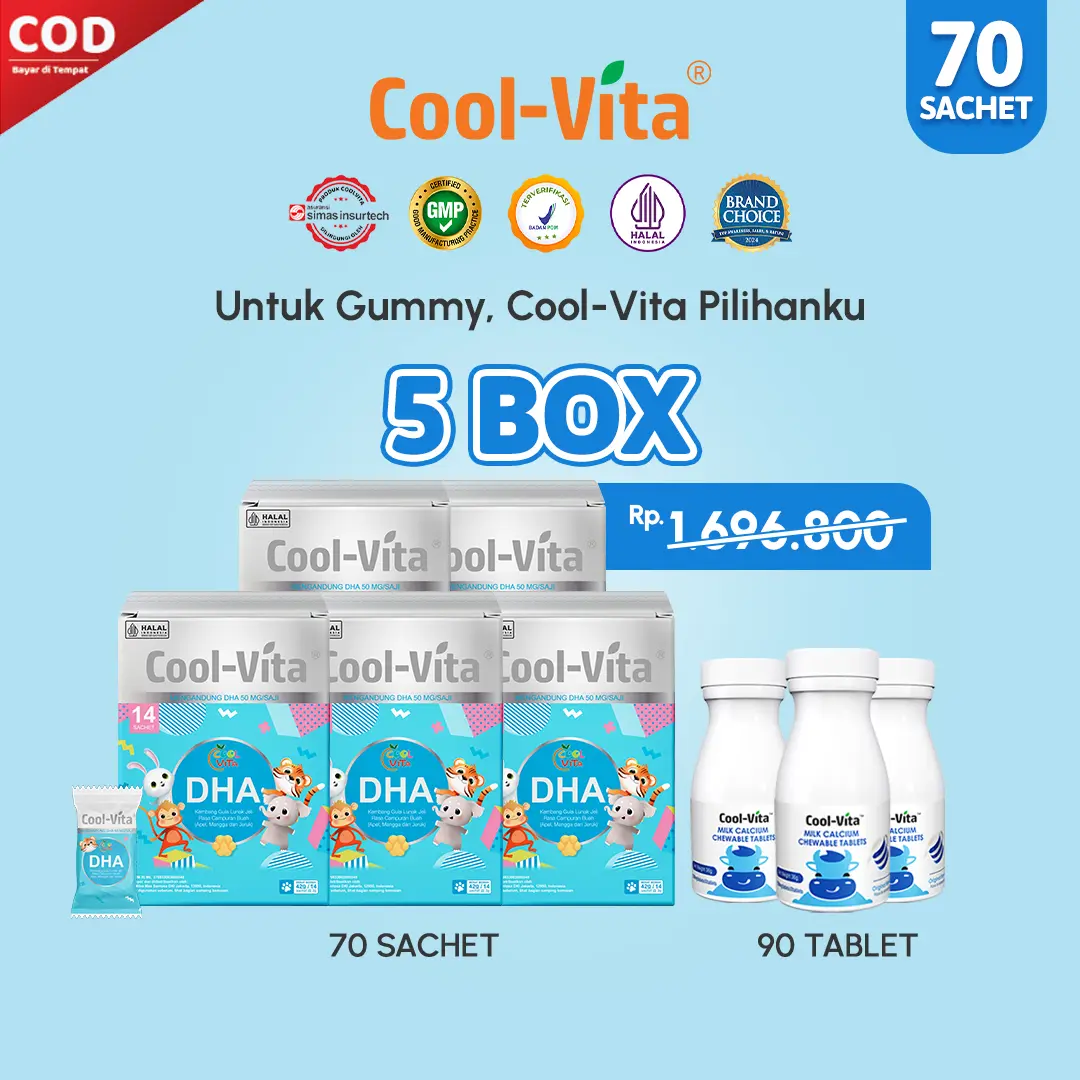 [A] Coolvita 5 Box DHA Gummy (Total 70 Gummy) + 3 Botol Chewable Calcium (Total 90 Tablet) | Suplemen Anak (Mulai 3 Tahun) dan Dewasa | Dukung Tumbuh Kembang Otak, Tulang & Gigi Secara Optimal