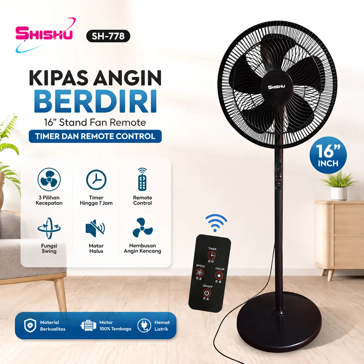 [ COD ] Kipas Berdiri 2in1 Remote SHISHU Stand Fan SF-778 Ukuran 16inch dengan Timer Dan Remote Control