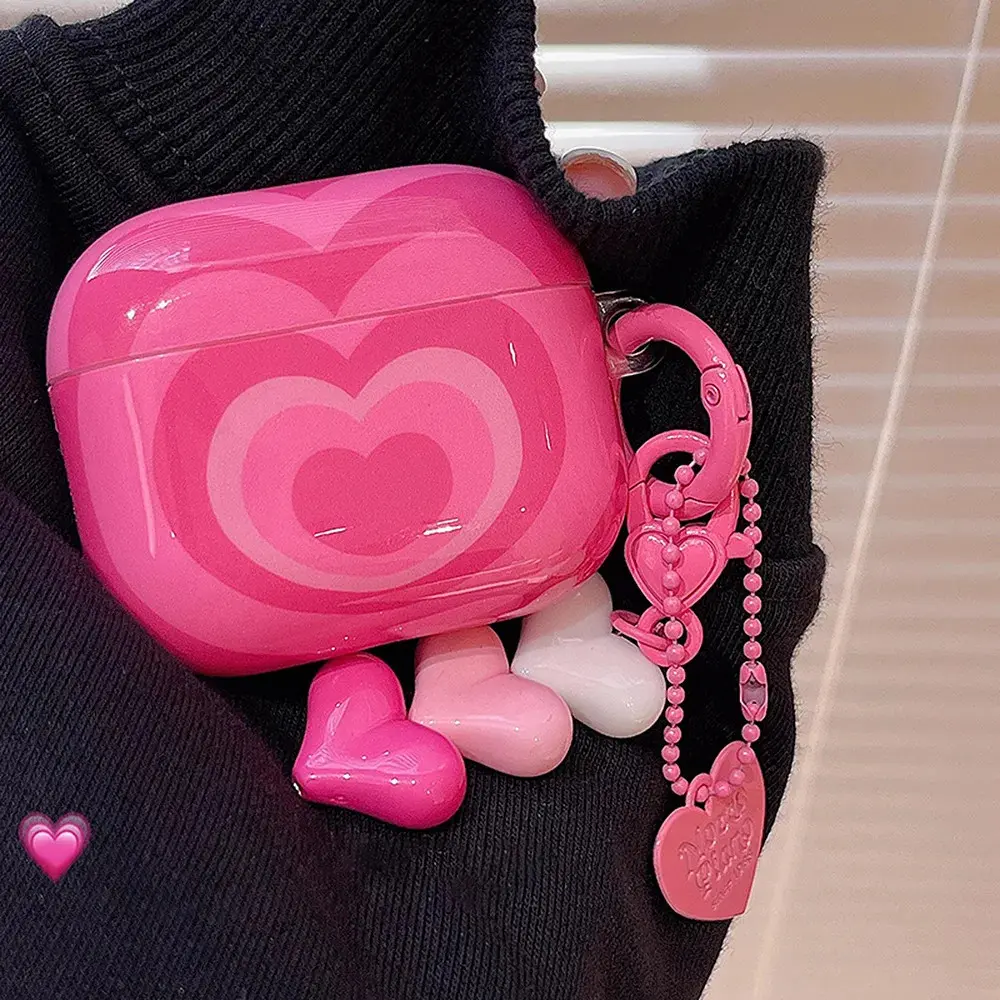 Popular Pink gradient love heart with pendant Bluetooth earphone case  earphone cover for Airpodspro/Airpods 2/Airpods3/Airpods4