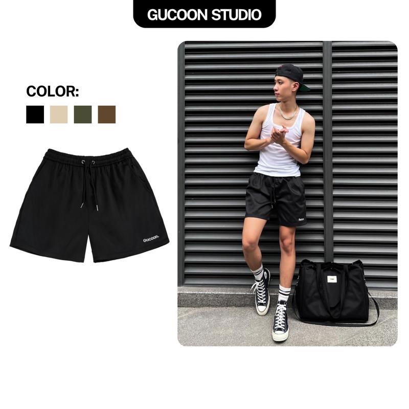  Quần Short Nam Nữ Gucoon Vải Kaki Quần Đùi Nam Ống Rộng Lưng Thun Dây Rút Form Trên Gối Menswear Đen Beige Có Túi 