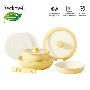 Redchef Set Peralatan Masak Batu Keramik Anti Lengket Pegangan Dapat Dilepas 8 Buah Panci Anti Lengket Tanpa PFAS & PTFE & PFOA Cocok untuk Semua Kompor