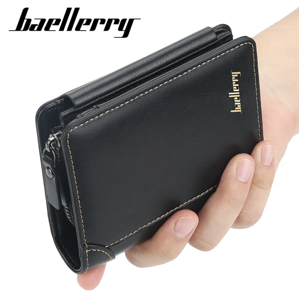 Baellerry Slim Tri-Fold Zipper Wallet Multi-Card Slots Coin Pocket Compact Card Holder for Men