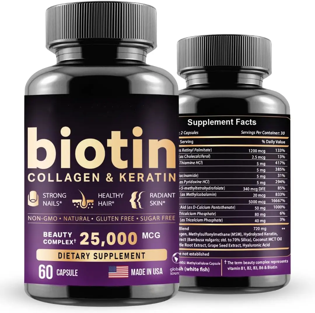 Biotin 25,000mcg with Hyaluronic Acid, Collagen & Keratin – Hair Growth, Nails & Skin Vitamins for Men & Women, USA Made, Third-Party Tested, B1, B2, B3, B6, B7 Complex – 60 Capsules