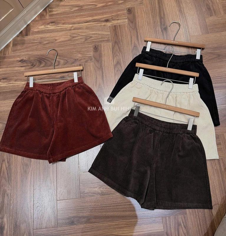 quần đùi nhung tăm ống rộng có túi cạp chun basic thời trang nữ