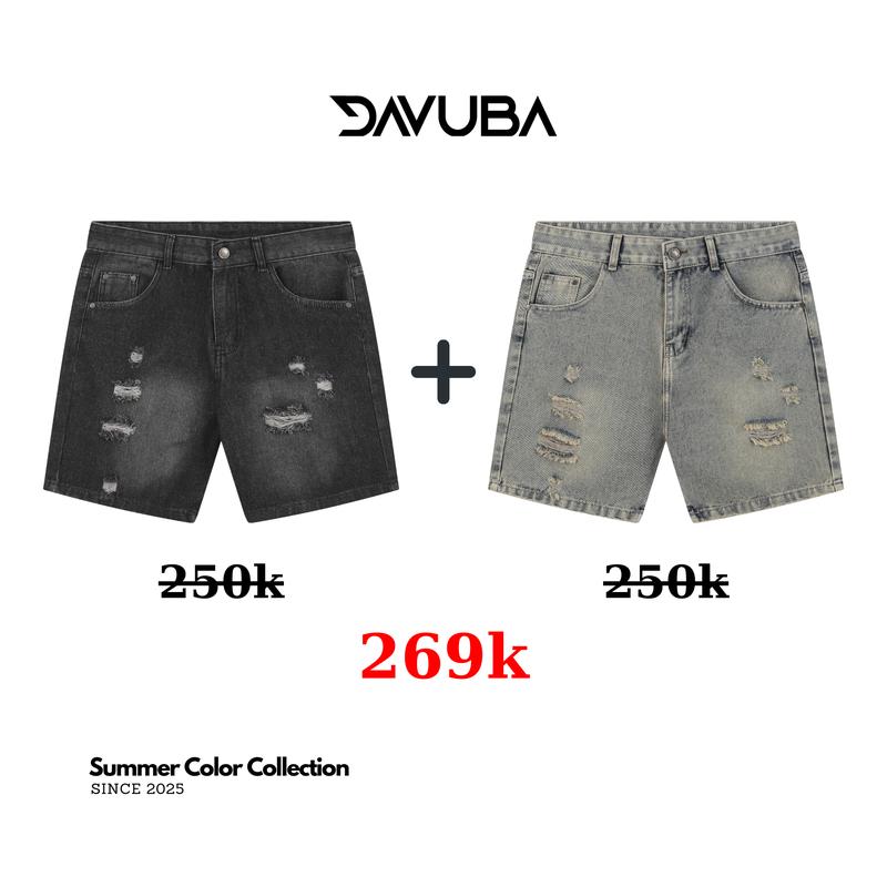 [DAVUBA] - Combo 2 Quần Short Jeans Nam Wash Rách Form Trên Gối SM143