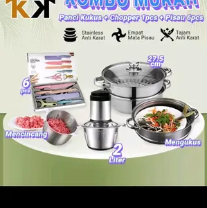 Panci Steamer Kukus 2in1 Stainless + Tutup Kaca + Chopper Penggiling Daging