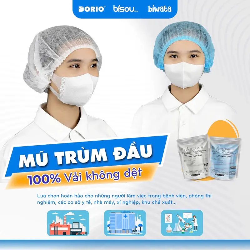 Combo 100 cái Mũ trùm y tế, nón con sâu Bisou 21cm 3