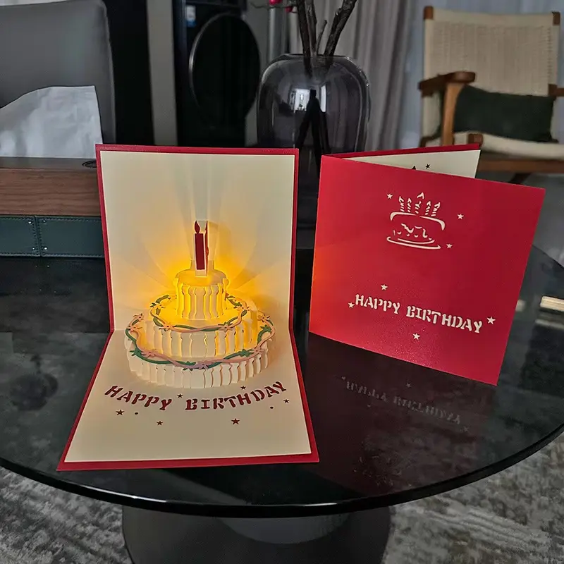 Thiệp Chúc Mừng Sinh Nhật Với Âm Nhạc Và Ánh Sáng Sáng Tạo, Thiệp Bánh 3D Ba Chiều Dễ Thương, Thiệp Chúc Phúc Viết Tay, Thiệp Sinh Nhật 1