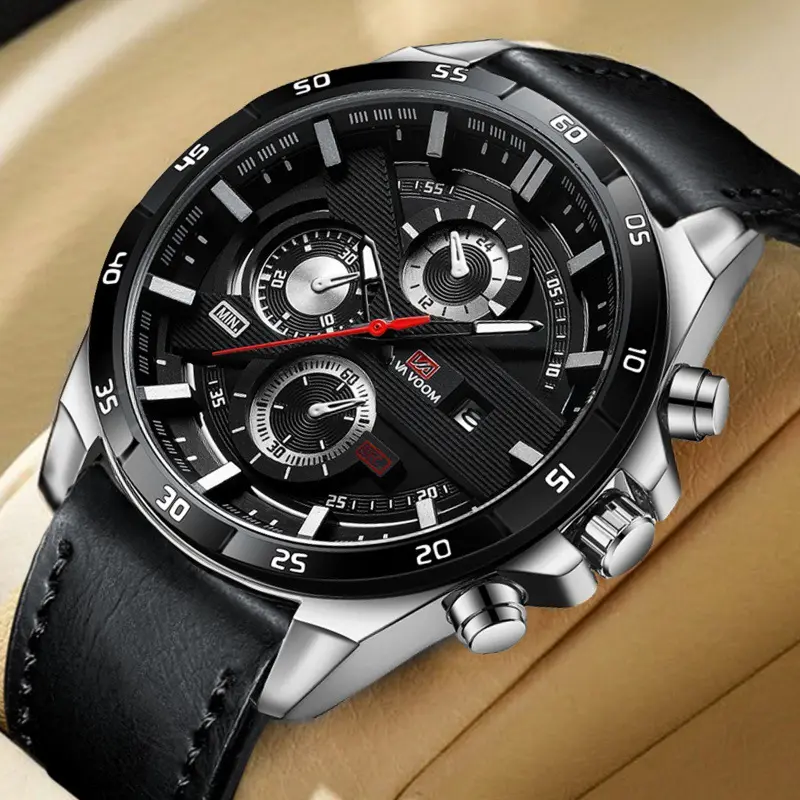 Jam Tangan Pria Asli Tahan Air Premium Original Vavavoom Tali Kulit Import New model Terbaru Fashion Kasual Sporty Stainless Steel Anti Karat Quartz Analog Kalender Aktif Luminious Bercahaya Kaca Tebal Aksesoris Arloji Men Watches Cowok Formal Bisnis -JV1 0