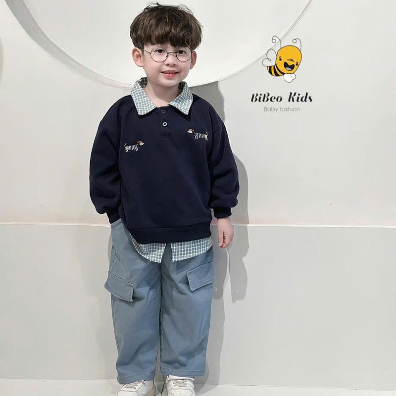  BiBeo Kids  Bộ Quần Áo THU ĐÔNG BỘ NỈ PHỐI KẺ THÊU NGỰC cho bé trai ,Bộ quần áo dài tay cho bé 