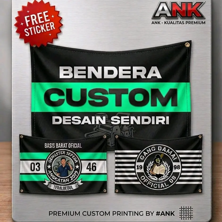 Custom Bendera Full Printing Gambar Bebas Free Desain Ukuran 90x60/120x80/150x100