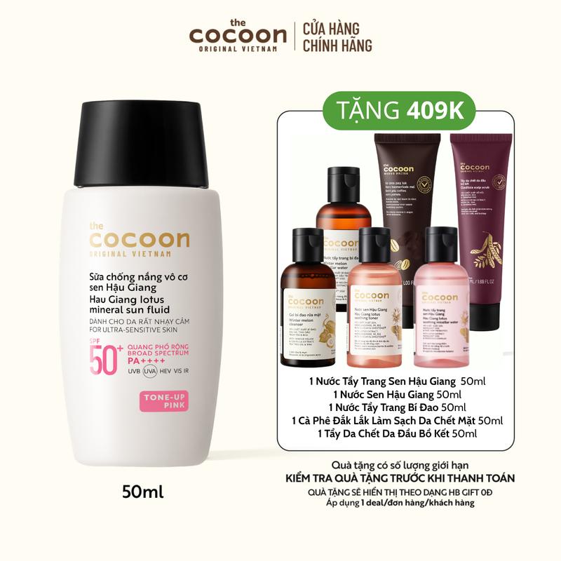Sữa chống nắng vô cơ sen Hậu Giang - Tone up Pink Cocoon 50ml - Nâng tông tự nhiên, bảo vệ cho da rất nhạy cảm