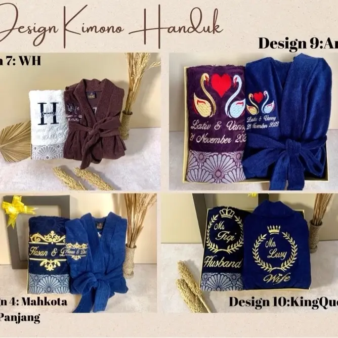 Handuk Kimono Set custome bordir nama depan belakang seserahan dan kado pernikahan Hadiah Handuk Wanita Dewasa Tidur Dress Pria 4