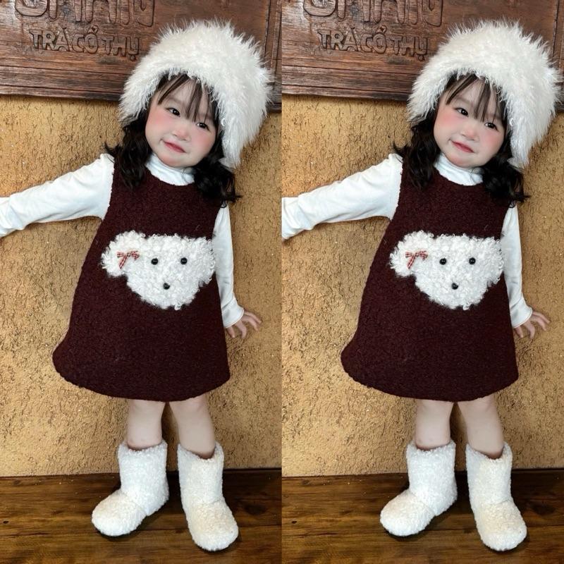 Mekembean X tặng áo giữ nhiệt Set cừu bông tiểu thư bé gái áo+yếm bông áo thun tăm bo zip + yếm dạ lông cừu siêu xinh cho bé 6-30kg