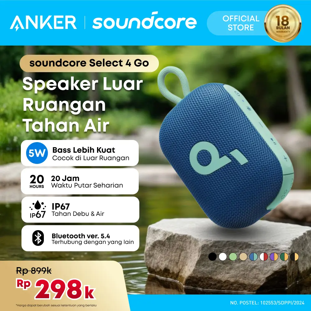 Soundcore by Anker Select 4 Go Bluetooth Speaker, Ultra Portable, Up to 20 Hours of Playtime, IP67 Waterproof and Dustproof, Floatable, Powerful Sound, Ideal for Indoors and Outdoors, Hiking, and Biking - A31X1
