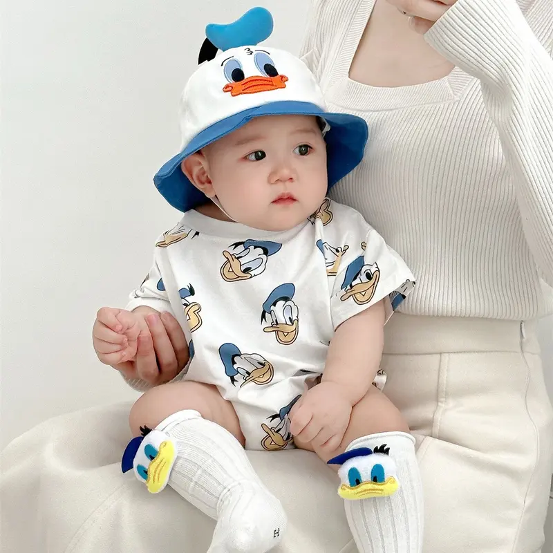 Donald Daisy Romper Set Topi + Kaos Kaki / Romper Jumper Bayi Laki Perempuan Karaktek Lucu 3