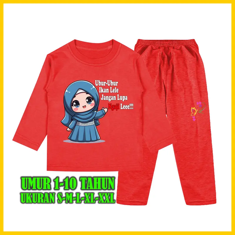 Baju Tidur Anak Perempuan Gambar Muslim Kata kata Ubur Ubur Ikan Lele Setelan Lengan Panjang - Baju Anak Fashion Celana 5