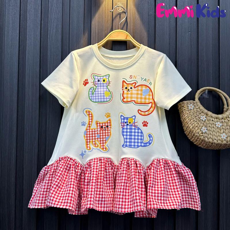 B47 -EMMIKIDS Đầm Noel Kuromi ,Mèo Xinh Cho Bé Gái Nhún Đuôi Cá Chất Thun Polo Phối Voan Mềm  10-39kg  