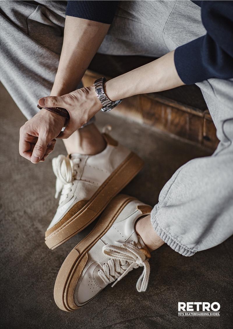Product Introduction of Maden Casual Breathable Skateboard Shoes Men's Retro Low Top Shoes Thick Bottom Leather Patchwork White Shoes for Men 37