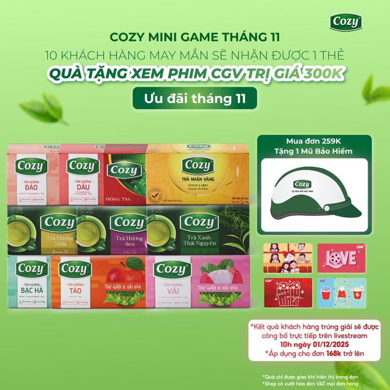 DEAL SỐC Combo 8 Trà Túi Lọc Cozy Tea Gồm Dâu Đào Bạc Hà Ô Long Hương Nhài Hương Táo Hồng Trà Hương Sen Nước Trà Thơm Chè Sạch Tươi Nguyên Chất