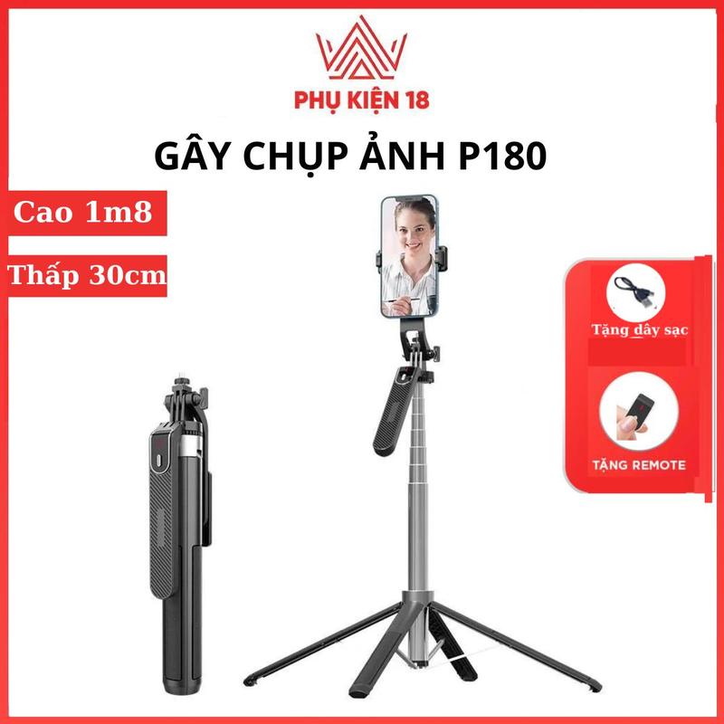 Gậy chụp ảnh 4 chân P180 1m8 có tay quay Video 360 độ siêu chắc chắn, nút remote bluetooth sạc điện livestream, chụp ảnh