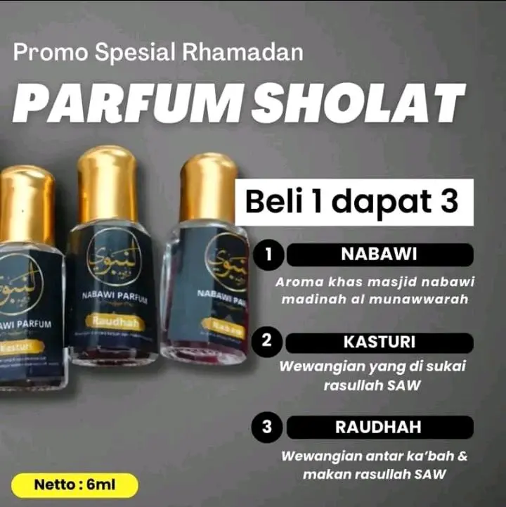 PARFUME SHOLAT MADINAH MAKKAH 6 Ml beli 1 paket isi 3 Botol parfume Kasturi-Nabawi-Raudhah Parfume best seller Perfume Wanita Pria Wangi