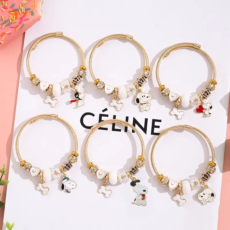 Stainless Steel Lucky Beads Bracelets Women Fashion Students Cartoon Snoopy Charm Bangels Gifts