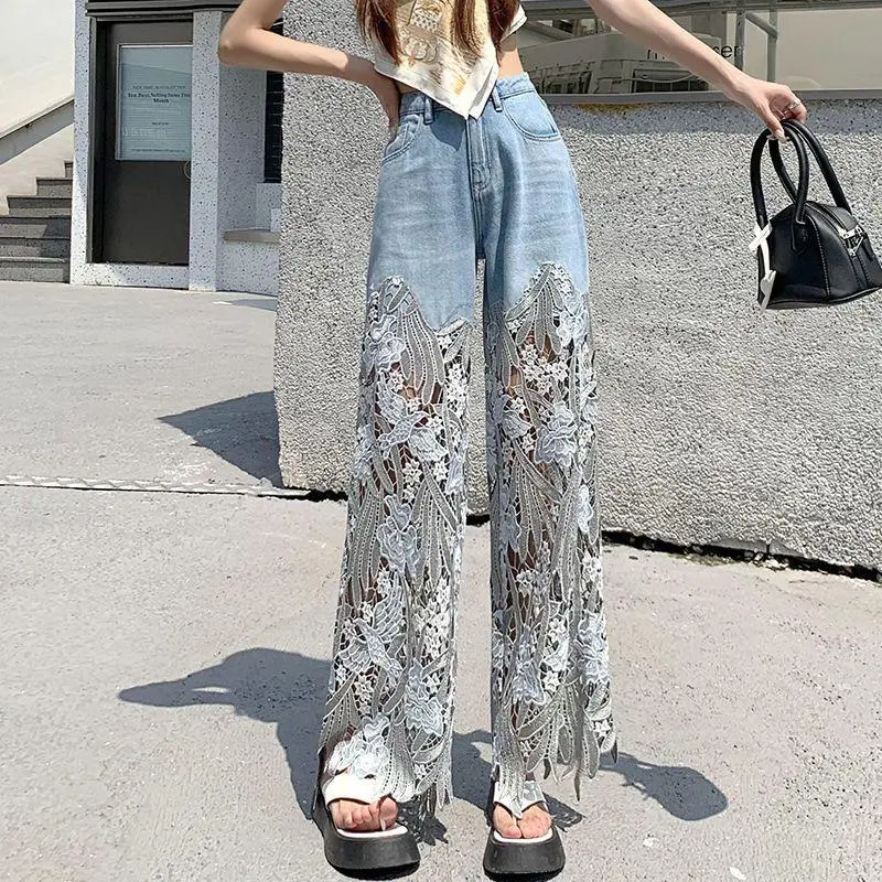 Quần Ống Rộng Cạp Cao Cho Nữ, Quần Denim Có Khâu Ren Cắt Đa Năng Mới, Quần Rộng Thùng Thình Và Thẳng Jean Pants