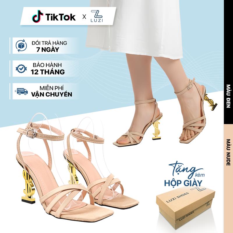 Giày cao gót nữ Luzi Shoes gót chữ S cao 10P Sandal nữ mũi vuông phối 3 quai da mảnh lụa Satin M204