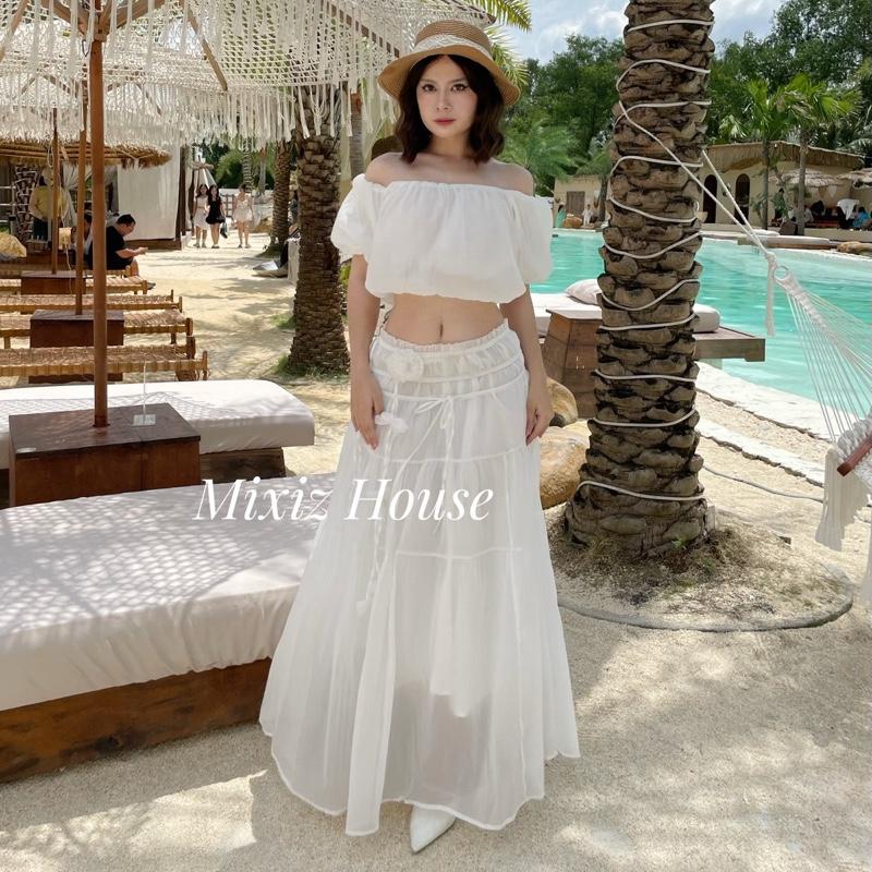 [Tặng kèm áo] Chân váy dáng dài tag hoa ba màu đen kem trắng Mixiz House