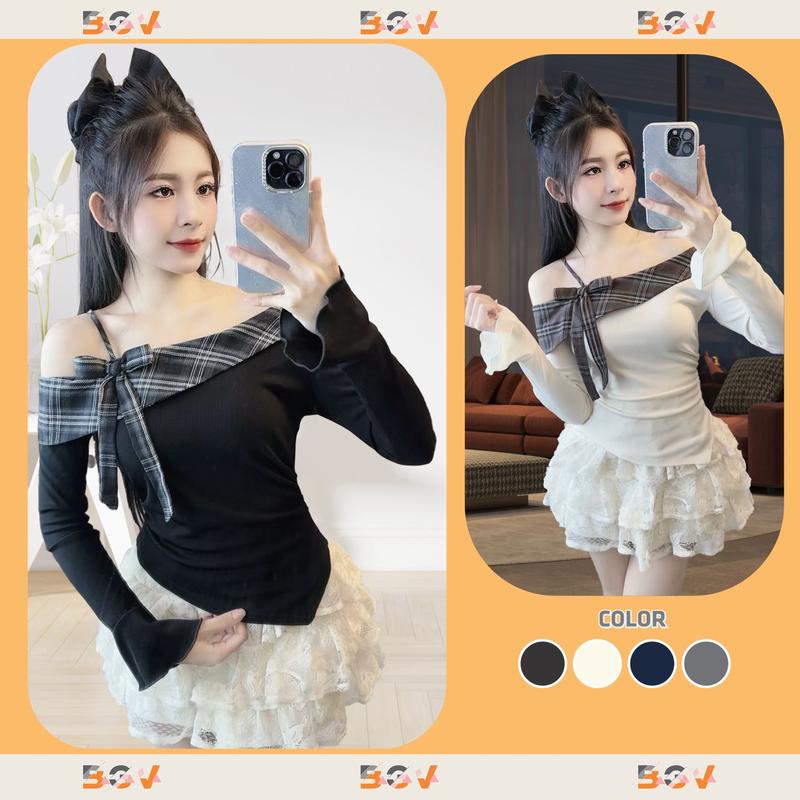 BGV Store Áo lệch vai TLVPK phối dây nơ nhún eo chất liệu TĂM HÀN tôn dáng 4 màu Đen Xám Be Xanh Than size XS S M L XL phù hợp mọi hoàn cảnh đi chơi đi học đi làm