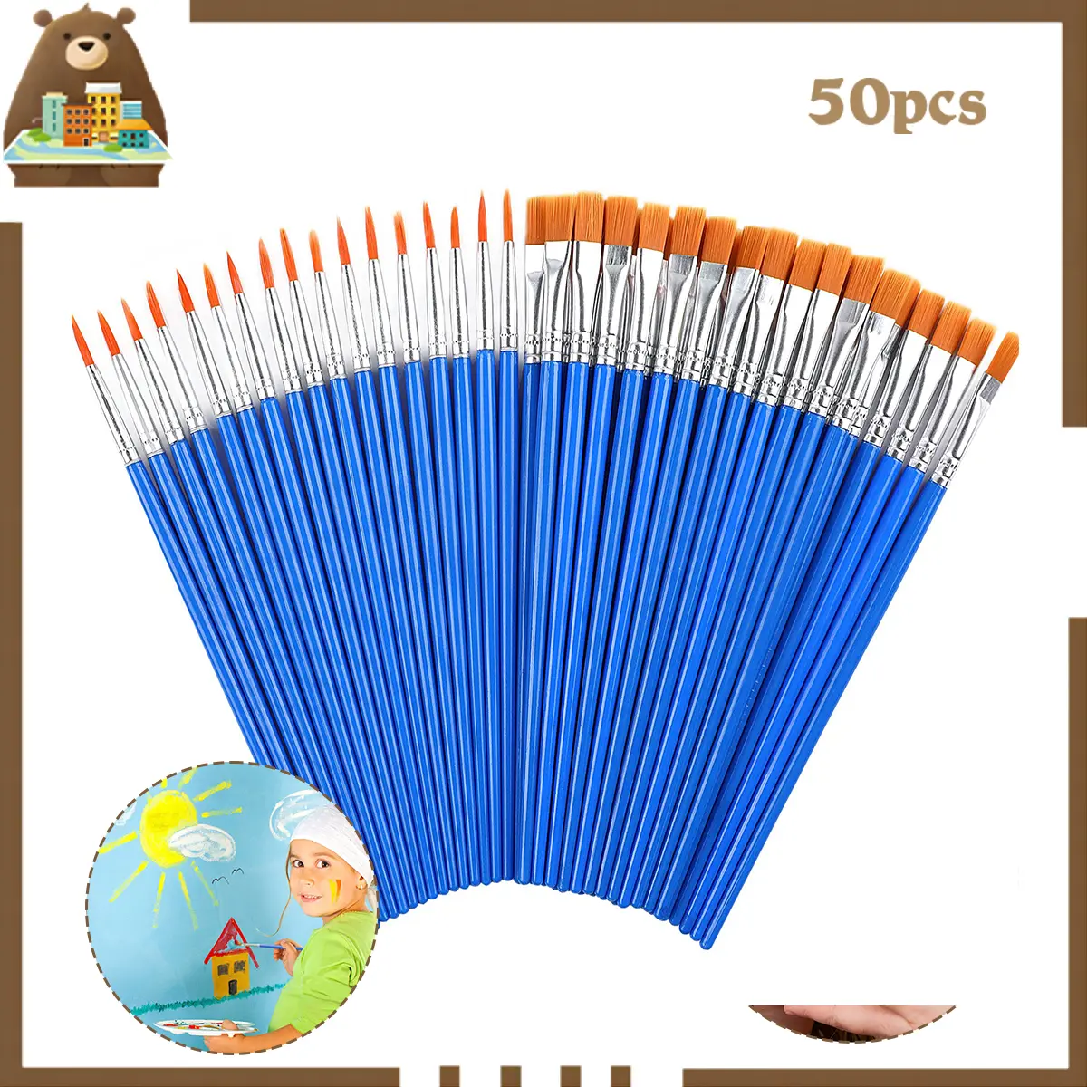 50PCS Kuas Lukis Akrilik Bulu Nilon Cat Air / Minyak Set Paintbrush Ujung Pointed Dan Flat - Artist Paint Brush