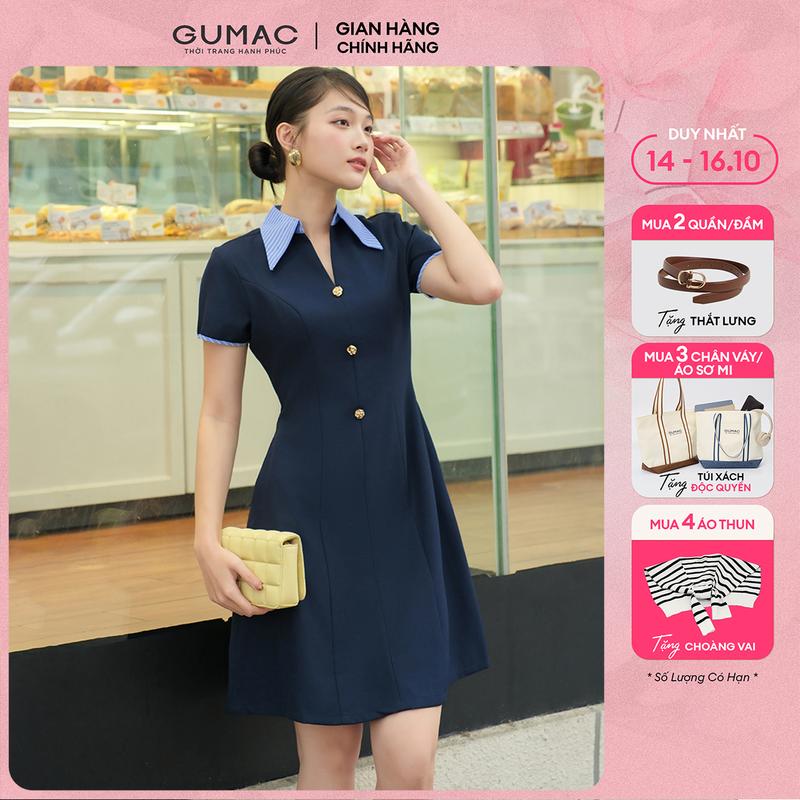 [MUA 2 TẶNG THẮT LƯNG] Đầm nữ form A thiết kế cổ sơmi sọc đính nút vàng có túi vải dày dặn thời trang GUMAC DF03005