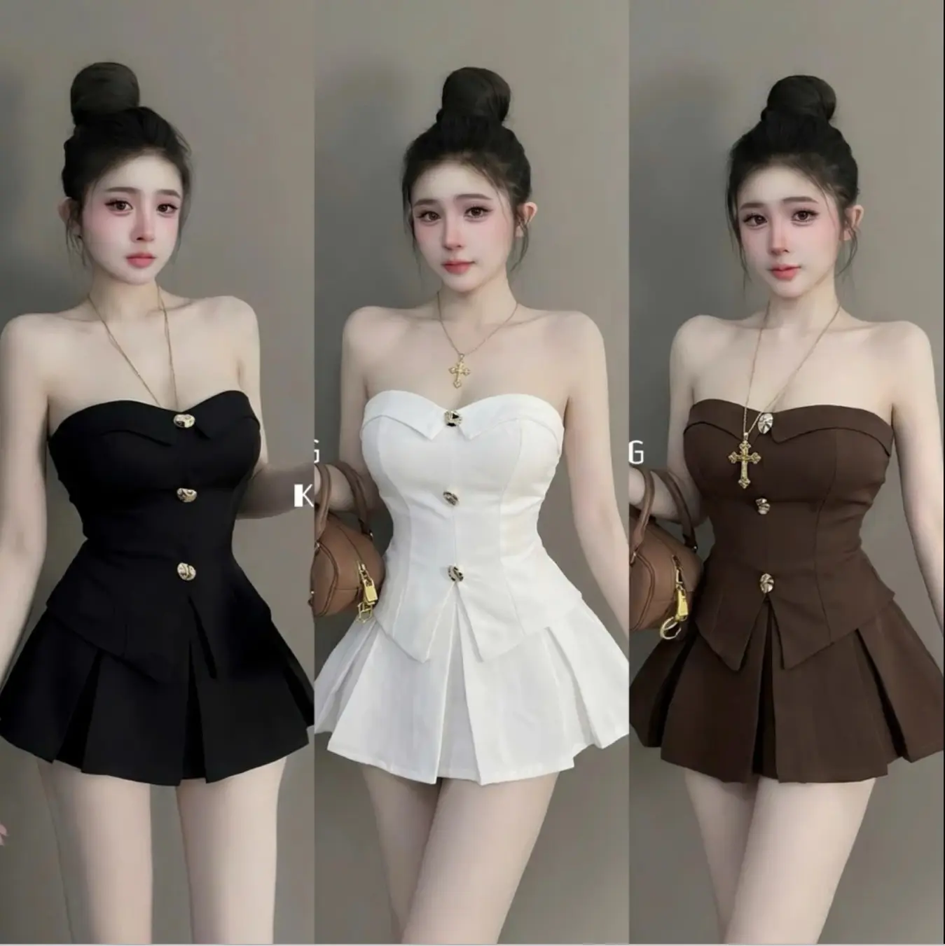 Set áo Kaki cúp ngực đính tang phối chân váy xoè xếp ly siêu đẹp