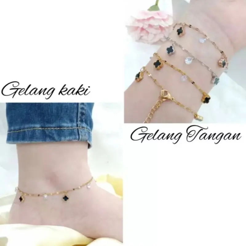 Satu Set Gelang Tangan Dan Gelang Kaki Titanium Wanita Daun Bunga Permata Fashion Aksesories Gelang Titanium Wanita Kekinian Anti Karat